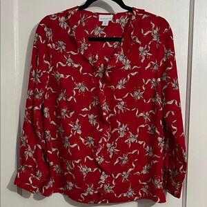 Liz Claiborne Red Sheer Floral V-Neck Blouse with White Ribbon Print